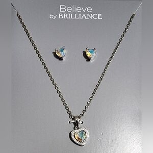 Believe by Brilliance Fine Silver Plated Crystal Heart Earring and Pendant - New
